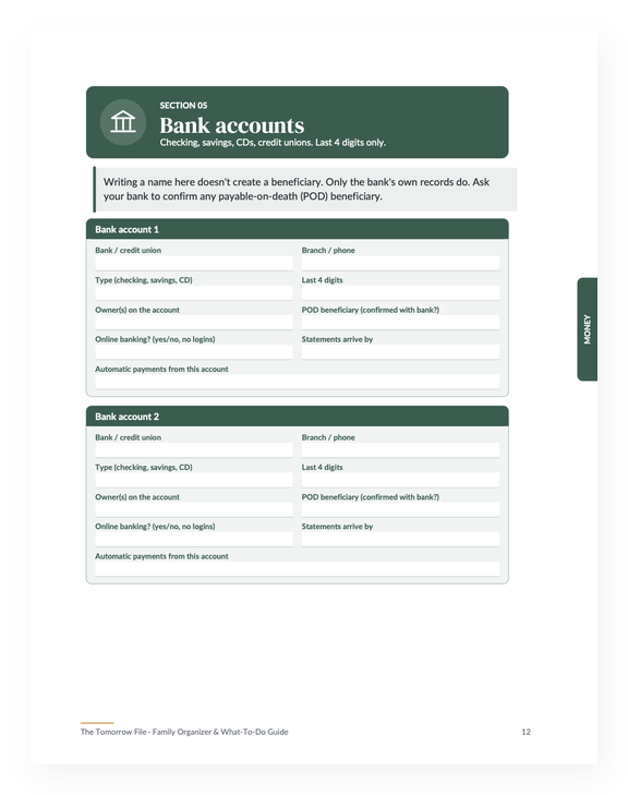 Bank accounts worksheet