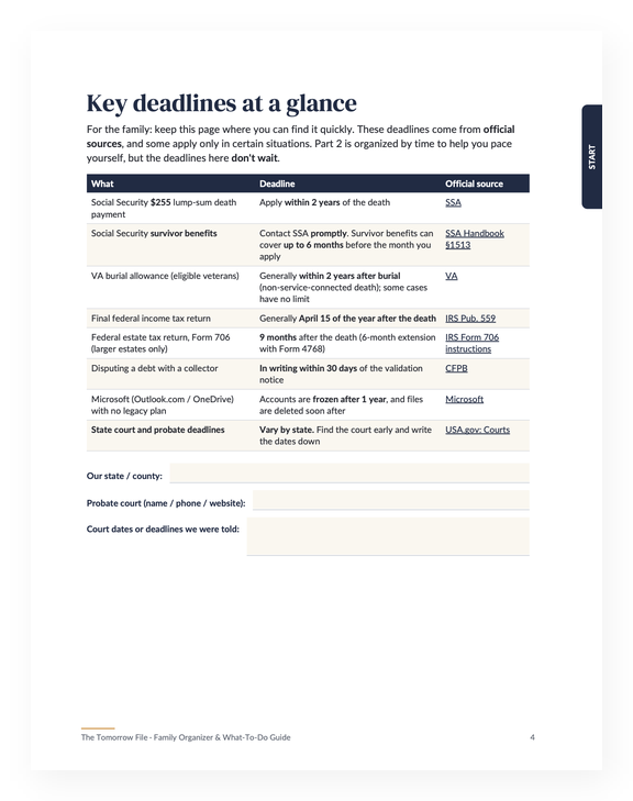 Key deadlines page