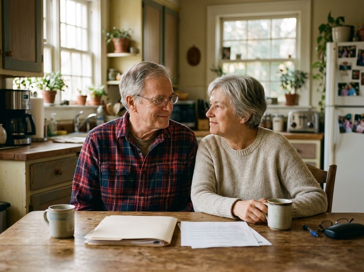 An older couple at their kitchen table, relieved, with an organized folder