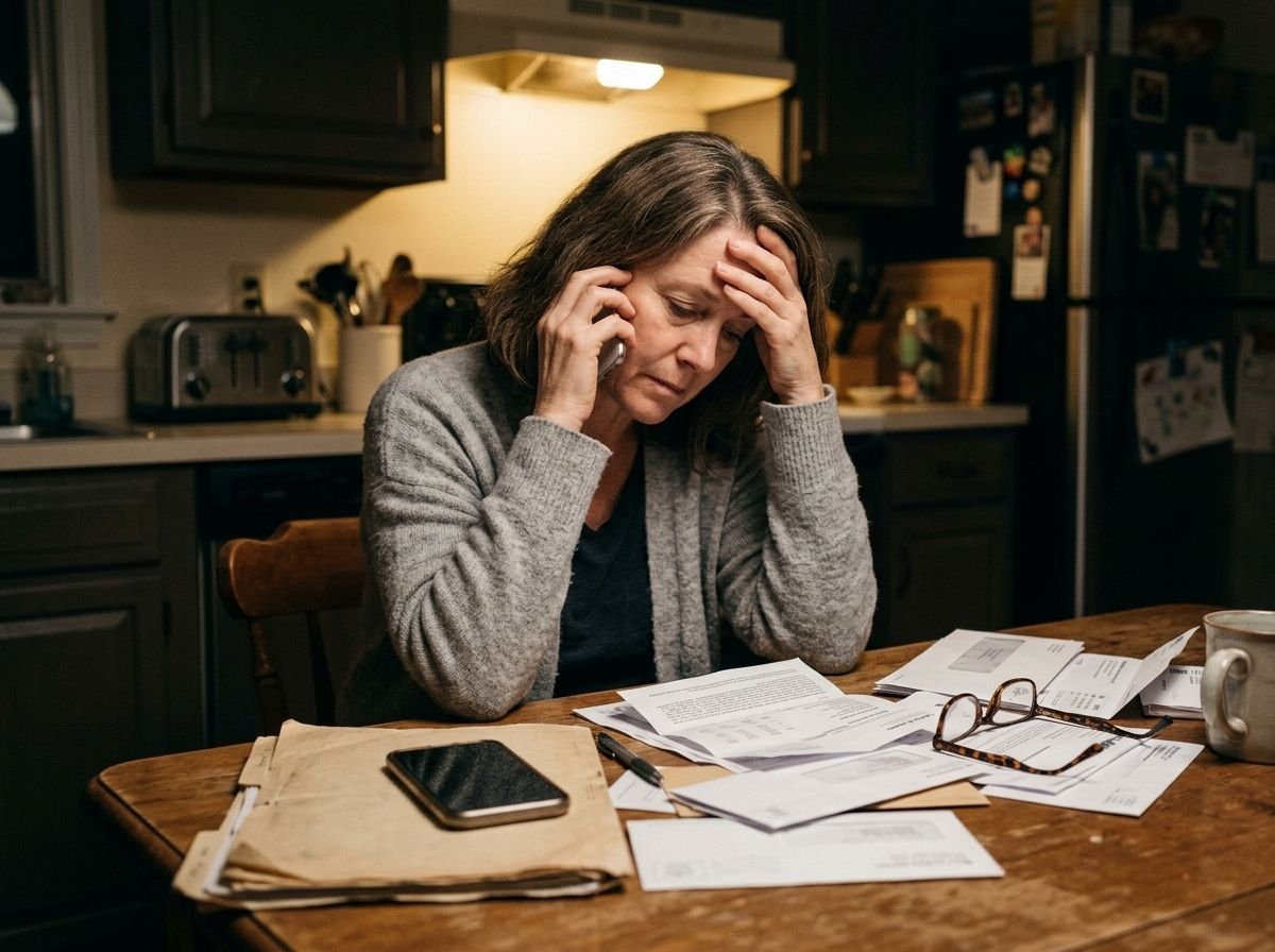 A woman at a kitchen table at night, surrounded by envelopes, on hold on the phone